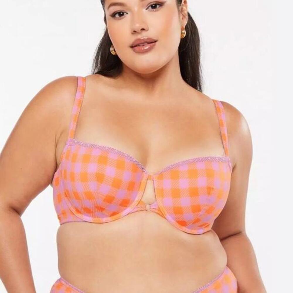 Savage‎ X Fenty Women's Pink Orange Plaid Padded Underwired Balconette Bra 36DD